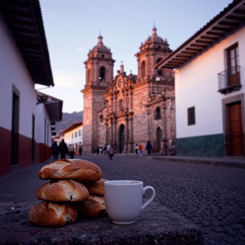 Cusco Peru Nautical Dawn Street Scene with Ceramic Cup and Sill Scratches in in Cusco, Peru