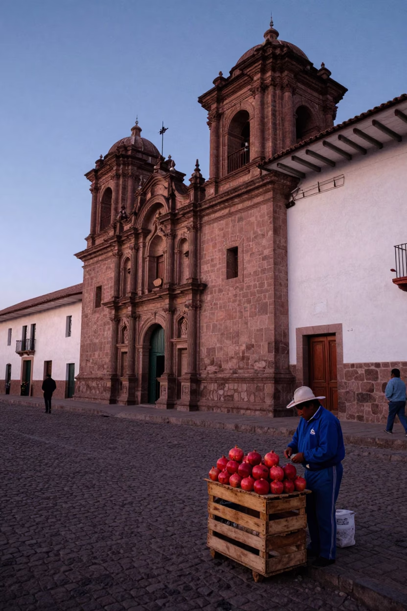 Cusco Peru Nautical Dawn Street Scene with Colonial Architecture and Local Market Activity in in Cusco, Peru