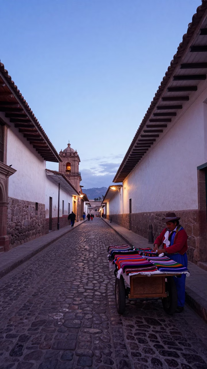 Cusco Peru Nautical Dawn Street Scene With Leaf Shadows And Local Life in in Cusco, Peru