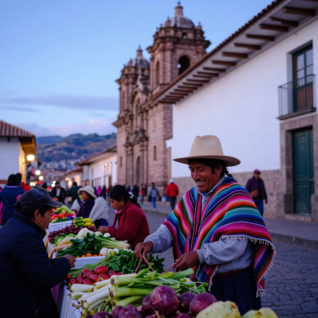 Cusco Peru Nautical Dawn Street Scene with Prayer Beads and Local Life in in Cusco, Peru