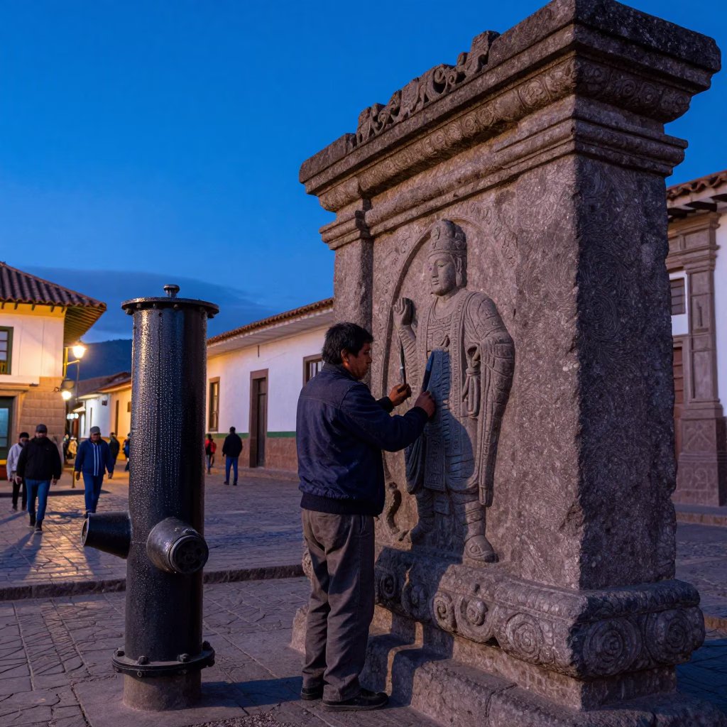 Cusco Peru Nautical Dawn Street Scene with Stone Carver and Condensation in in Cusco, Peru