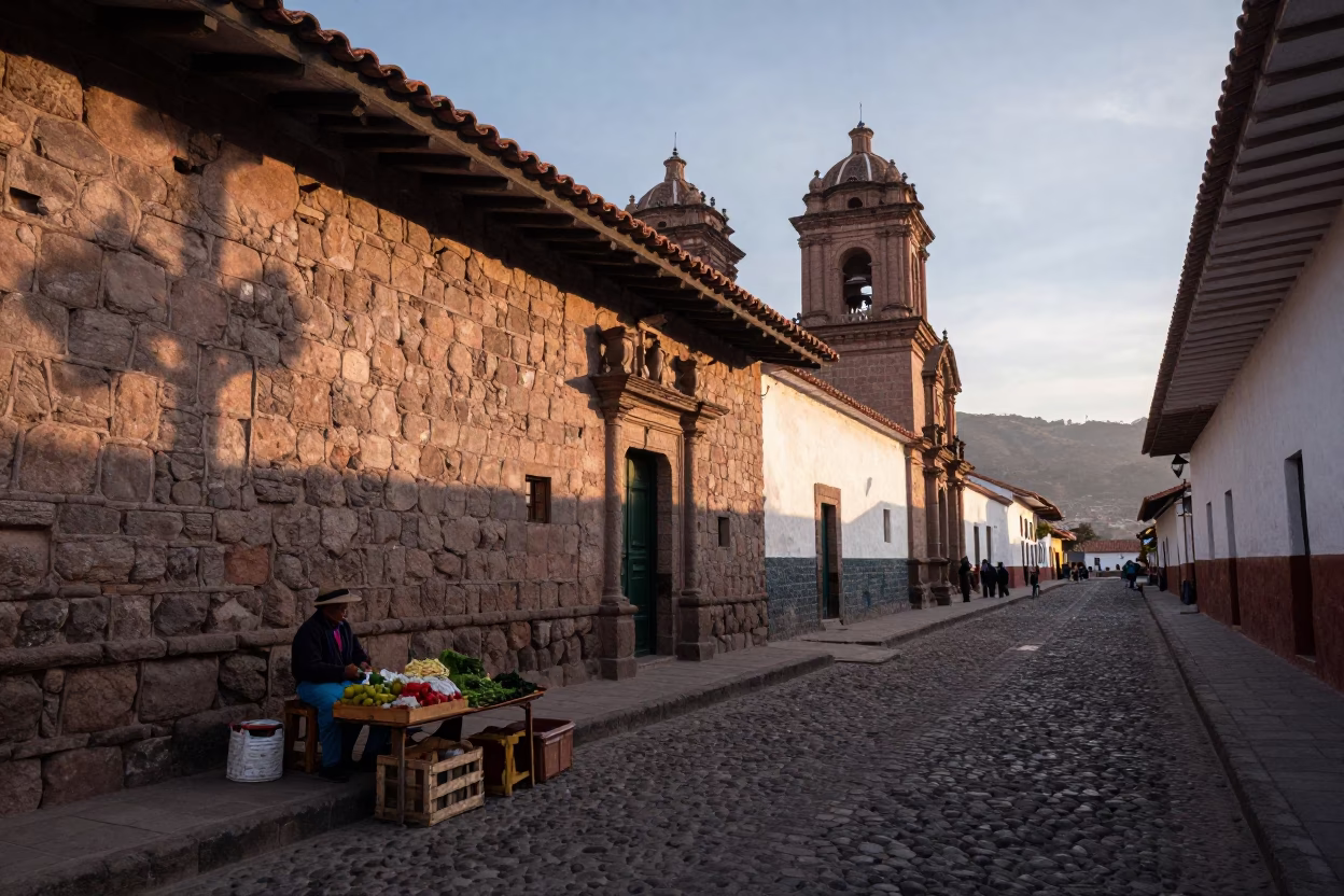 Cusco Peru Nautical Dawn Street Scene With Stone Walls And Local Market Activity in in Cusco, Peru