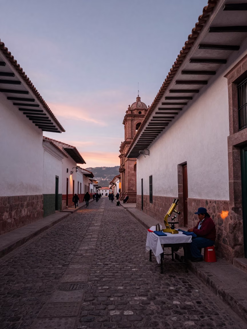 Cusco Peru Nautical Dawn Street Scene with Vintage Brass Microscope and Local Interaction in in Cusco, Peru