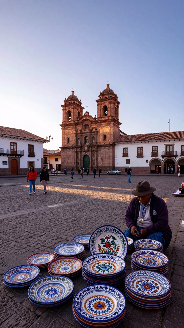 Cusco Peru Nautical Dawn Street Scene with Vintage Majolica Plate and Hydrangeas in in Cusco, Peru