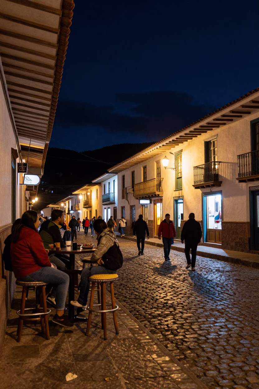 Cusco Peru Night Street Scene with Bar Stools and Local Life Under Deep Sky in in Cusco, Peru