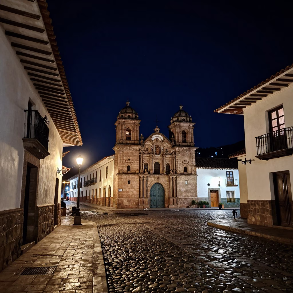 Cusco Peru Night Street Scene with Colonial Architecture and Local Life in in Cusco, Peru