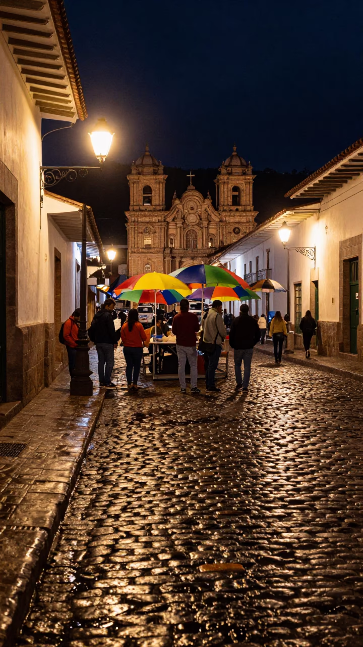 Cusco Peru Night Street Scene with Colorful Umbrellas and Cobblestone Alley in in Cusco, Peru