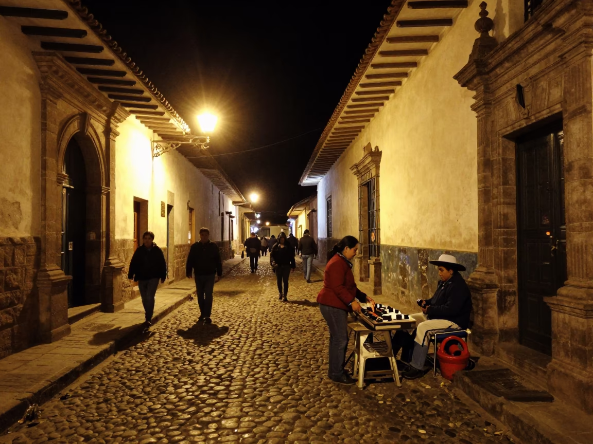 Cusco Peru Night Street Scene with Local Vendor and Taper Candle Illumination in in Cusco, Peru
