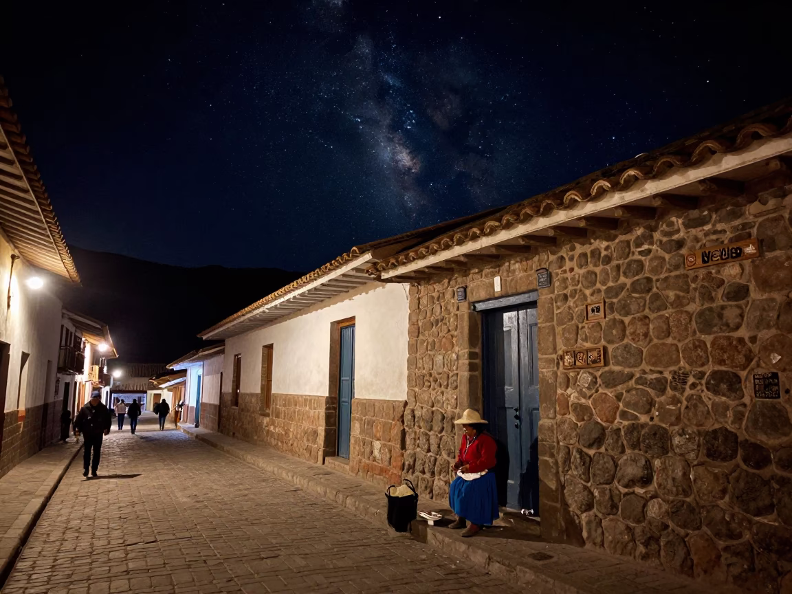 Cusco Peru Night Street Scene with Local Vendor and Traditional Market Atmosphere in in Cusco, Peru