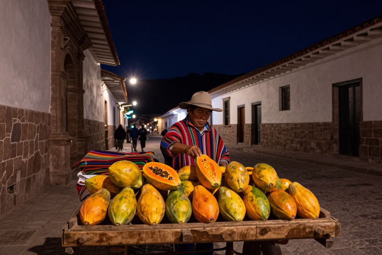 Cusco Peru Night Street Scene with Papayas and Traditional Textile Patterns in in Cusco, Peru