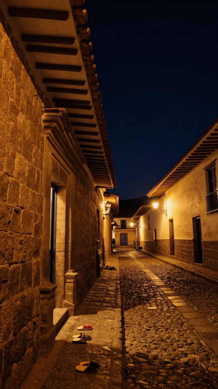 Cusco Peru Night Street Scene with Slippers and Local Architecture in in Cusco, Peru