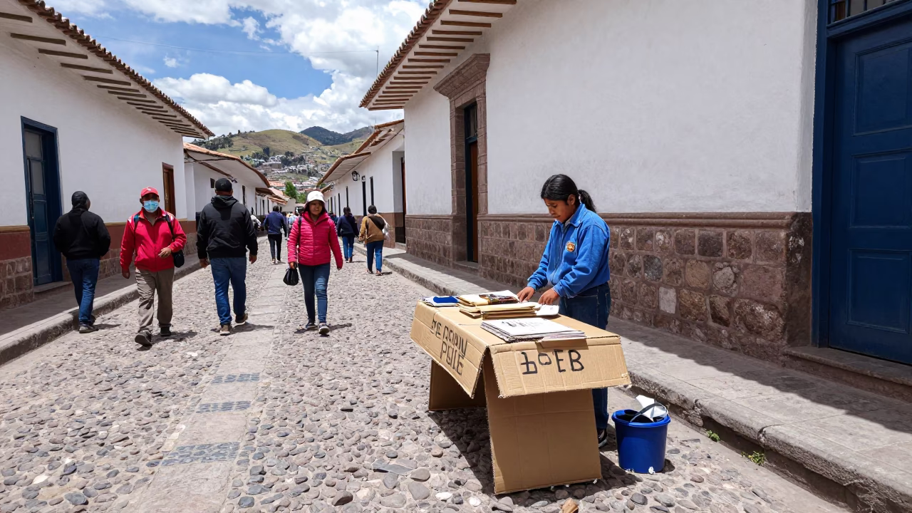 Cusco Peru Noon Street Scene with Local Vendor and Cardboard Science Fair Display in in Cusco, Peru
