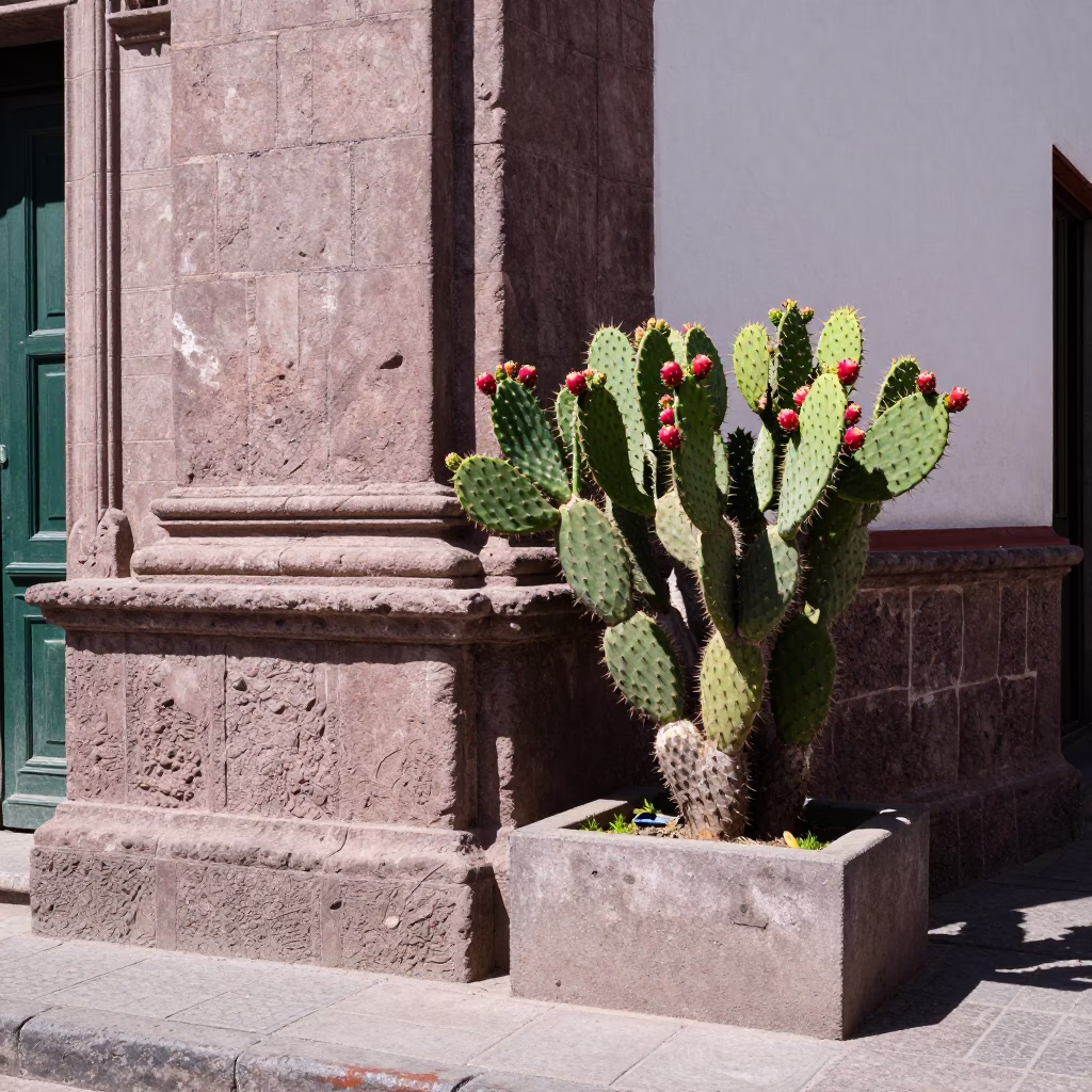 Cusco Peru Noon Street Scene with Prickly Pear Cactus and Colonial Architecture in in Cusco, Peru