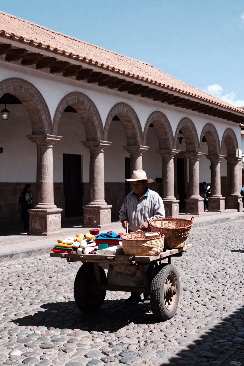 Cusco Peru noon street scene with traditional market goods and colonial architecture in in Cusco, Peru