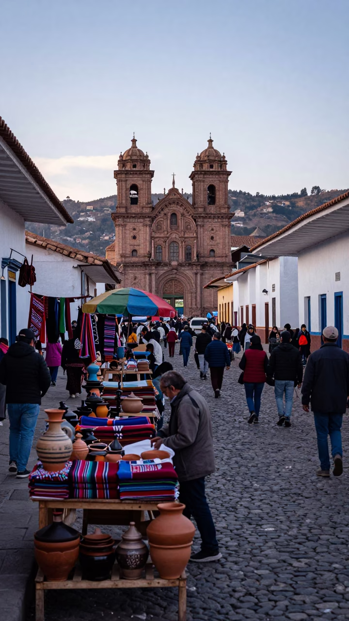 Cusco Peru Pre-Dawn Street Market Stalls and Local Commerce Before Sunrise in in Cusco, Peru