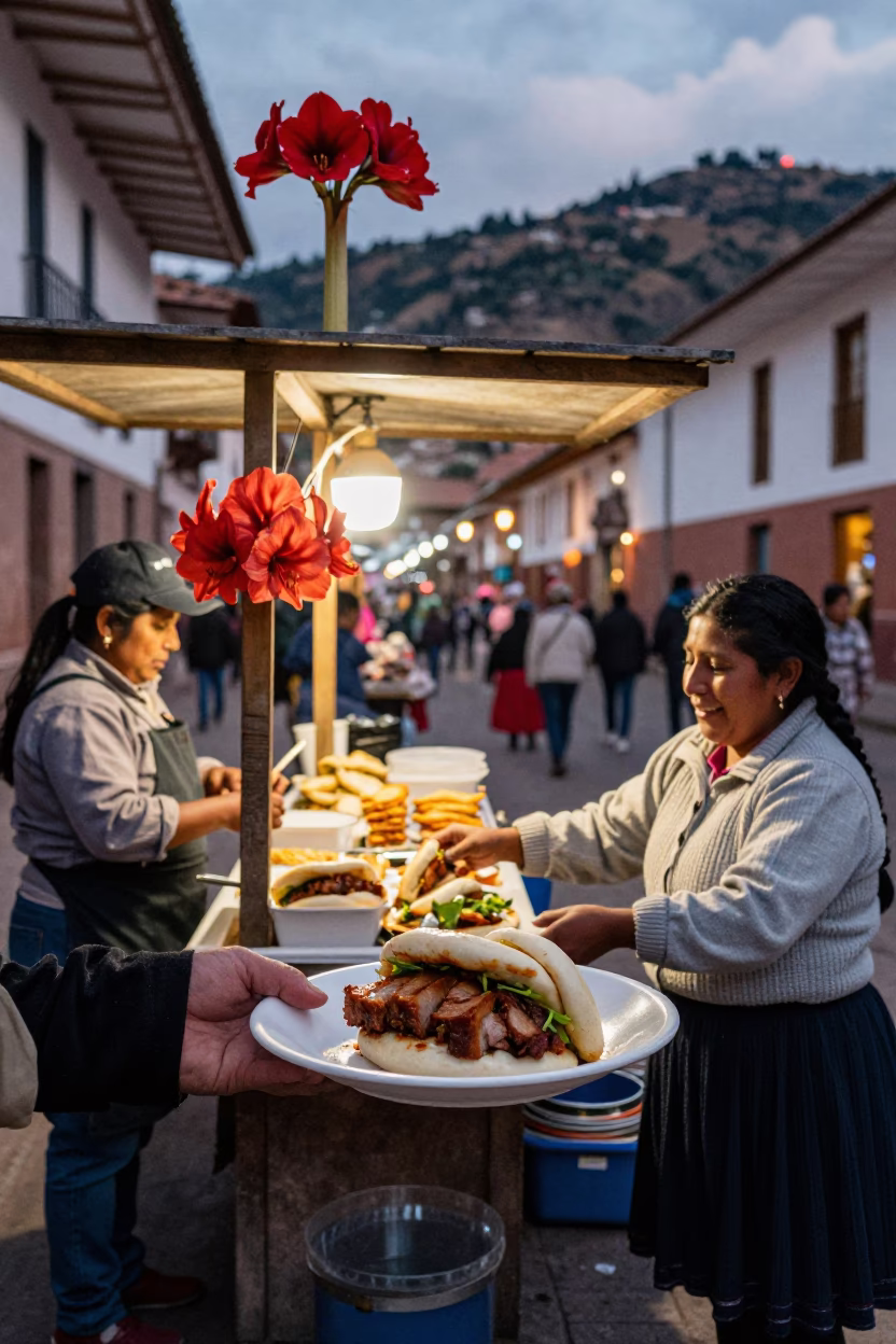Cusco Peru Street Food Stall at Dusk with Amaryllis Flowers and Local Interaction in in Cusco, Peru