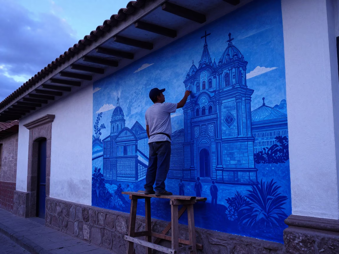 Cusco Peru Street Mural Artist Painting During Indigo Twilight in in Cusco, Peru