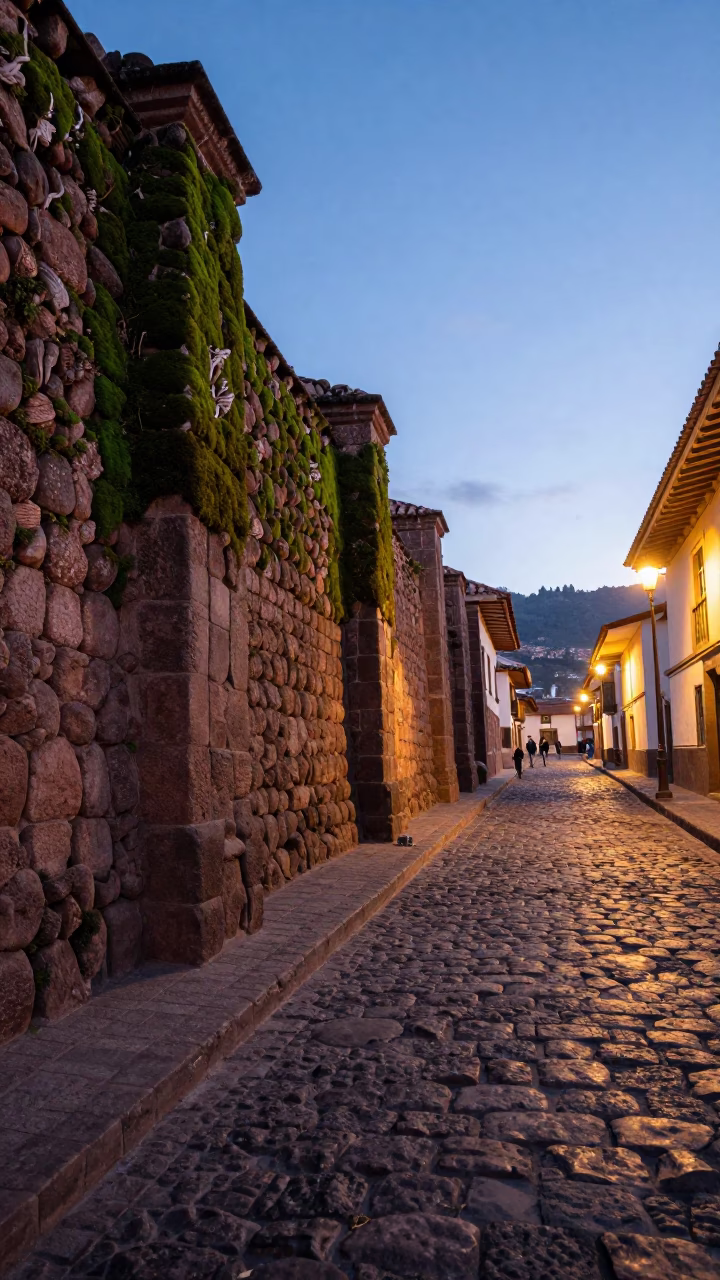 Cusco Peru street scene at dusk with mossy stone walls and local market activity in in Cusco, Peru