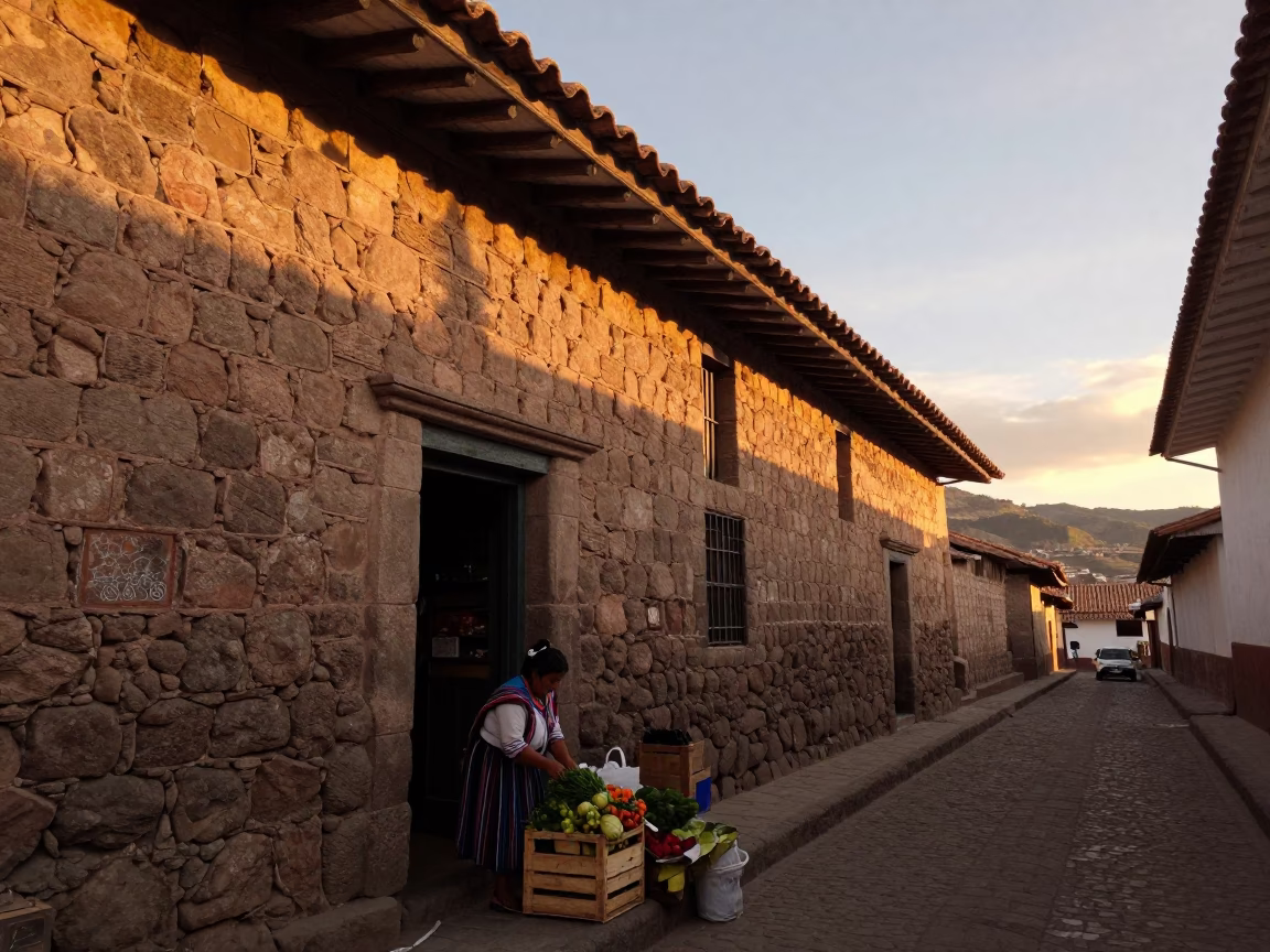 Cusco Peru Street Scene at Dusk with Stone Walls and Local Life in in Cusco, Peru