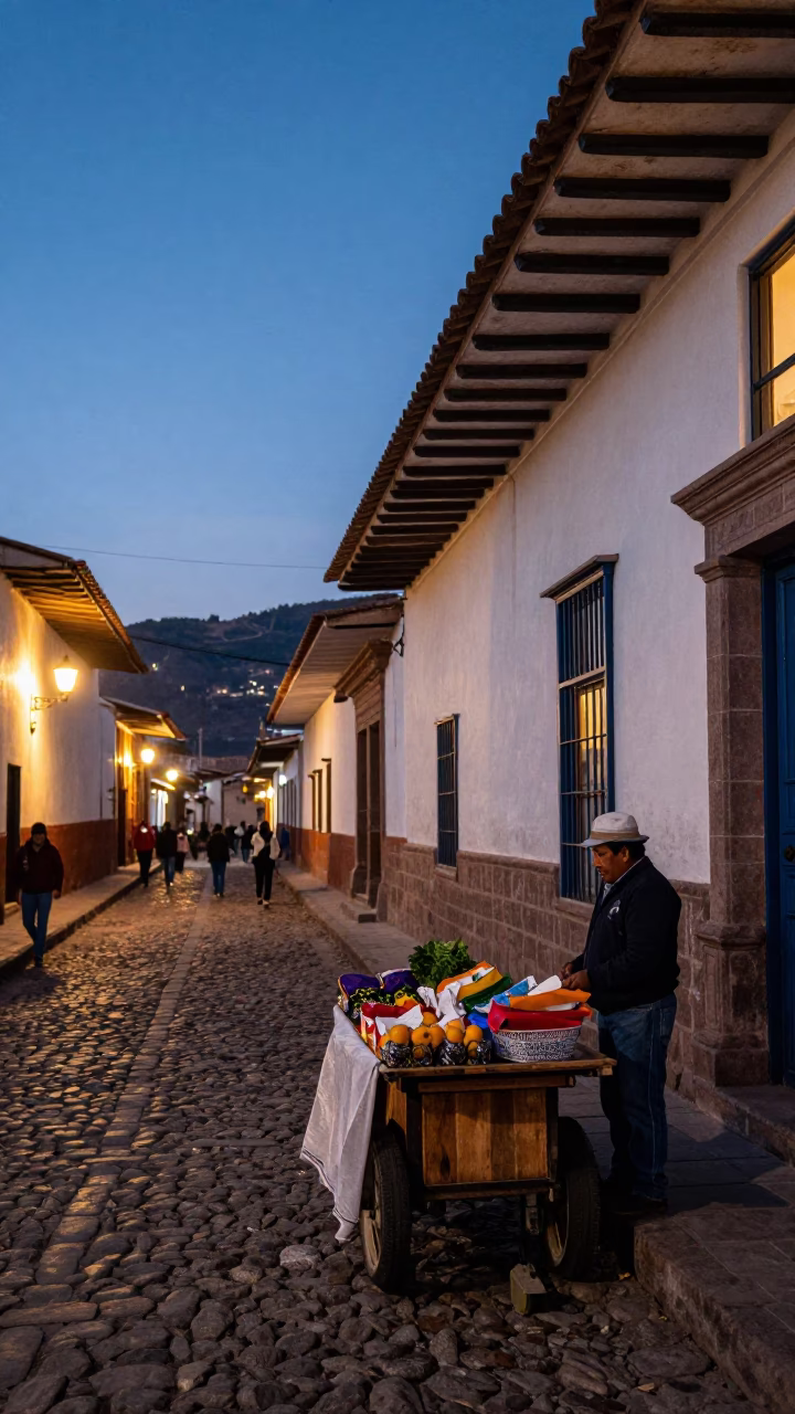 Cusco Peru Street Scene at Dusk with Traditional Market Goods and Local Architecture in in Cusco, Peru