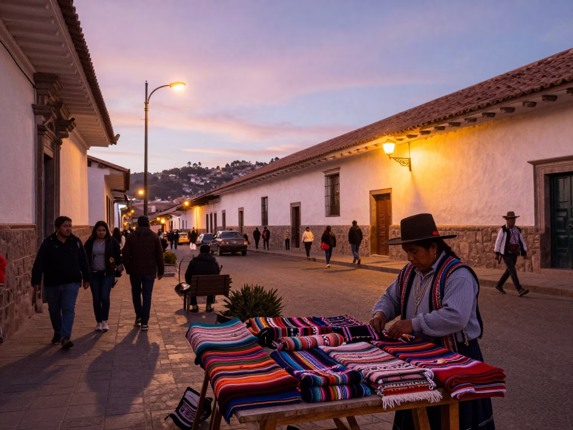 Cusco Peru street scene at dusk with traditional textiles and colonial architecture in in Cusco, Peru