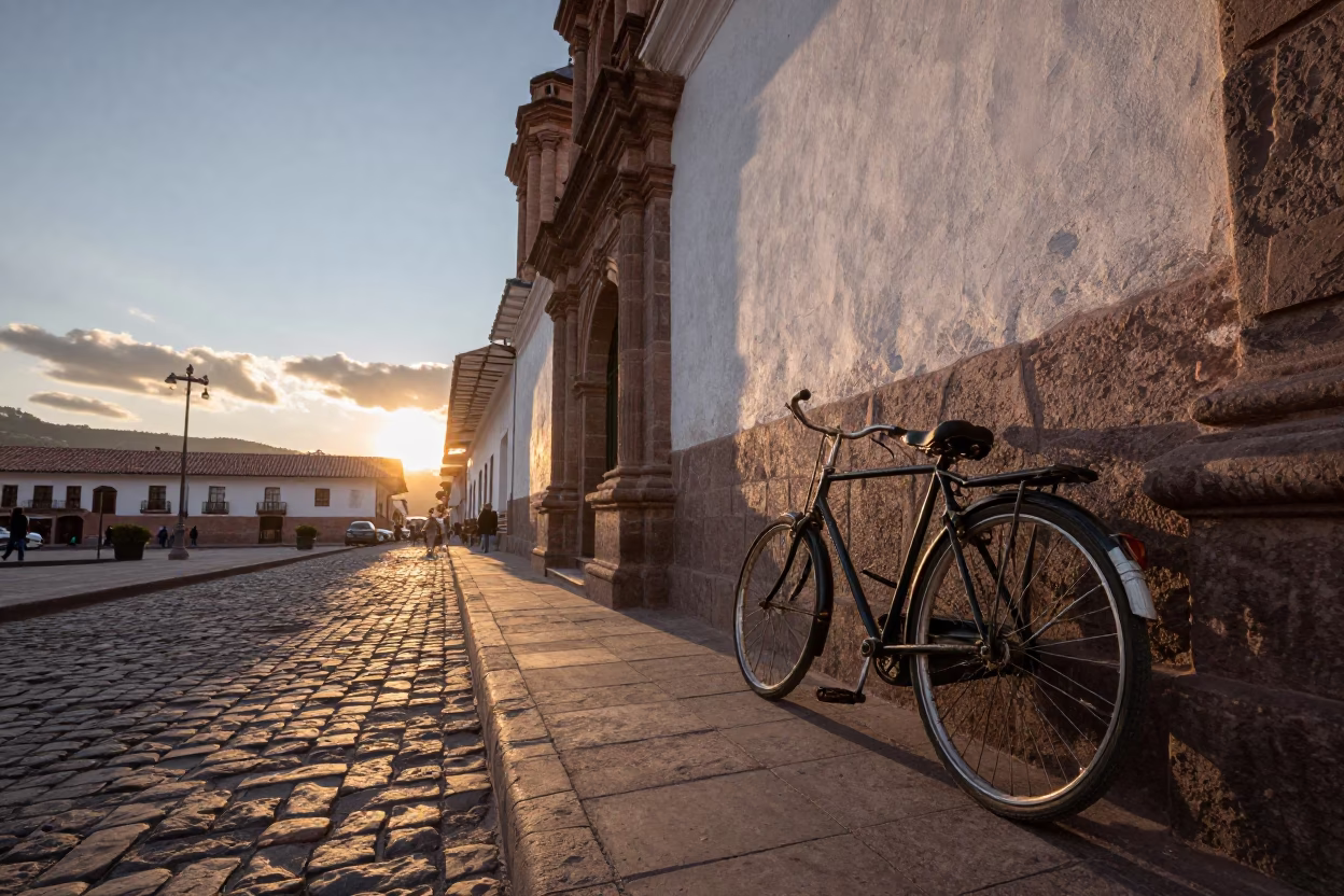 Cusco Peru Street Scene at Dusk with Vintage Bicycle and Clay Pots in in Cusco, Peru
