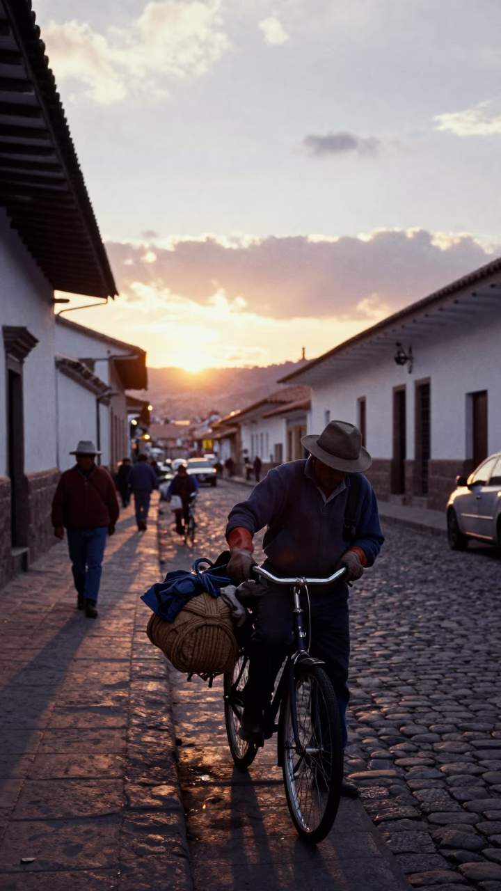 Cusco Peru street scene at dusk with workers and local commerce in in Cusco, Peru