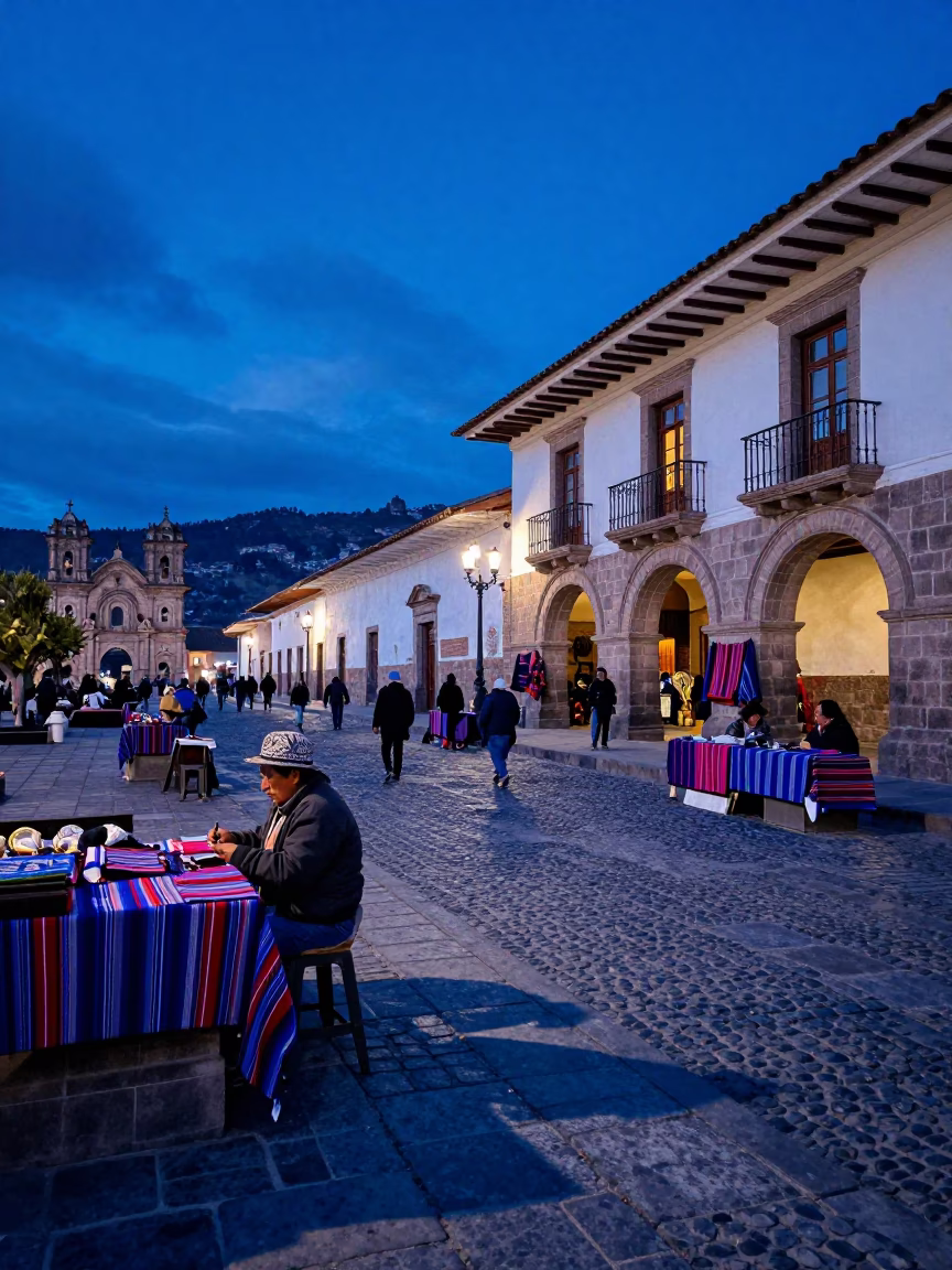 Cusco Peru Street Scene at Indigo Twilight with Traditional Textiles and Cobblestone Plaza in in Cusco, Peru