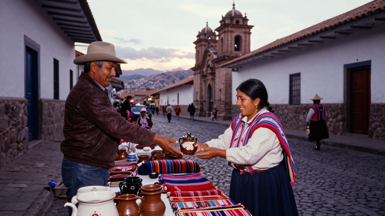 Cusco Peru Street Scene at Nautical Dawn with Local Market Activity in in Cusco, Peru