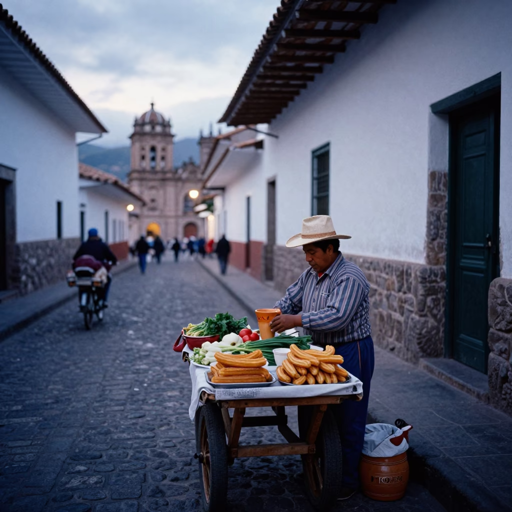 Cusco Peru Street Scene at Nautical Dawn with Local Vendor and Traditional Elements in in Cusco, Peru