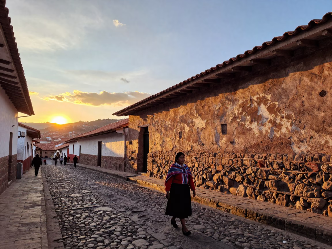 Cusco Peru Street Scene at Sunset with Adobe Walls and Local Life in in Cusco, Peru