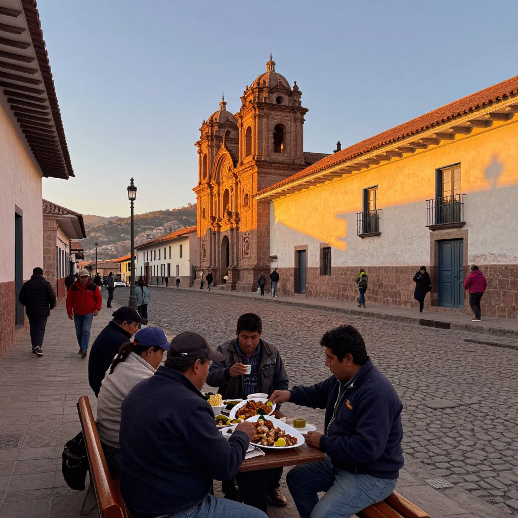 Cusco Peru street scene at sunset with locals sharing shawarma near historic stone architecture in in Cusco, Peru