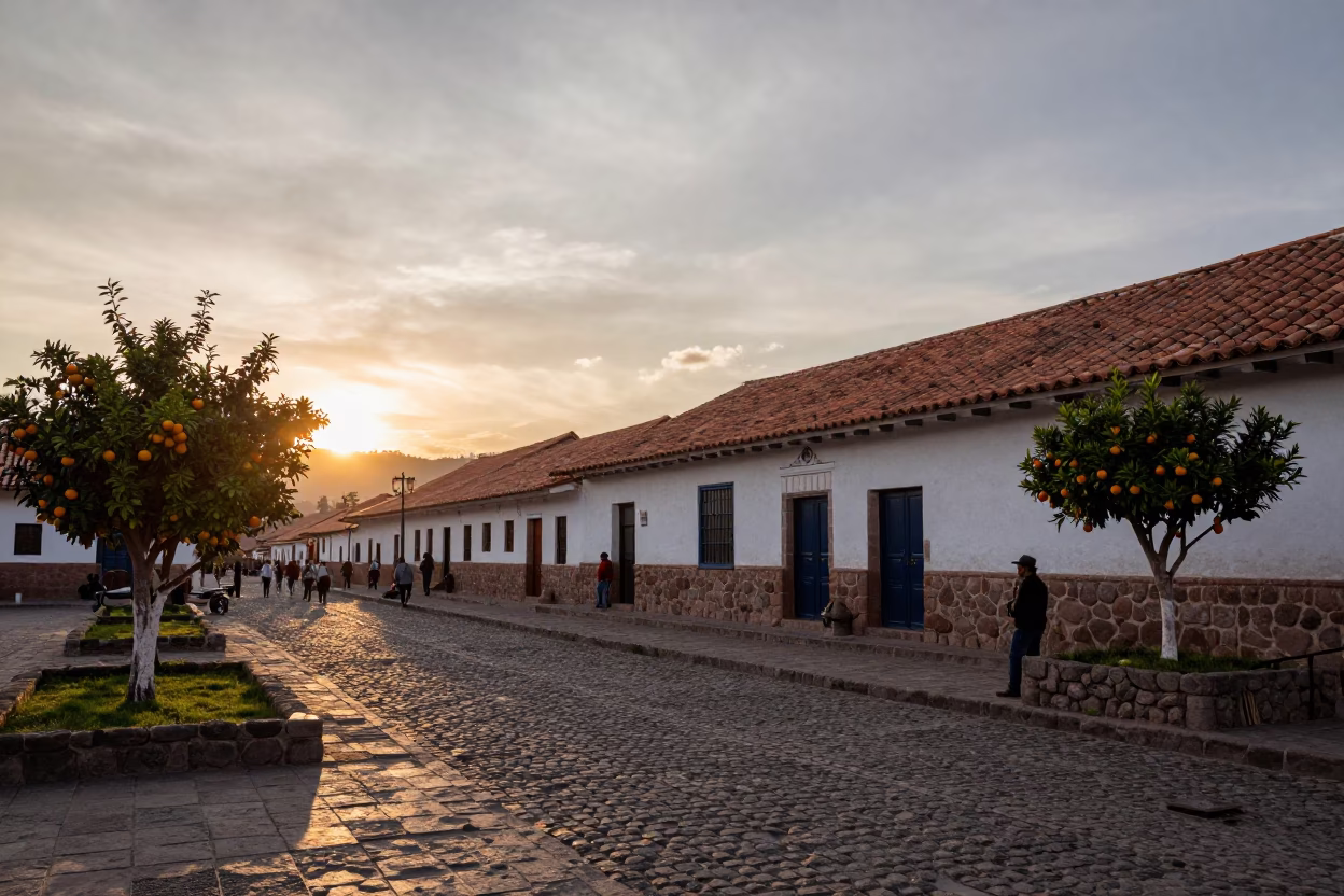 Cusco Peru Street Scene at Sunset with Oranges and Traditional Architecture in in Cusco, Peru