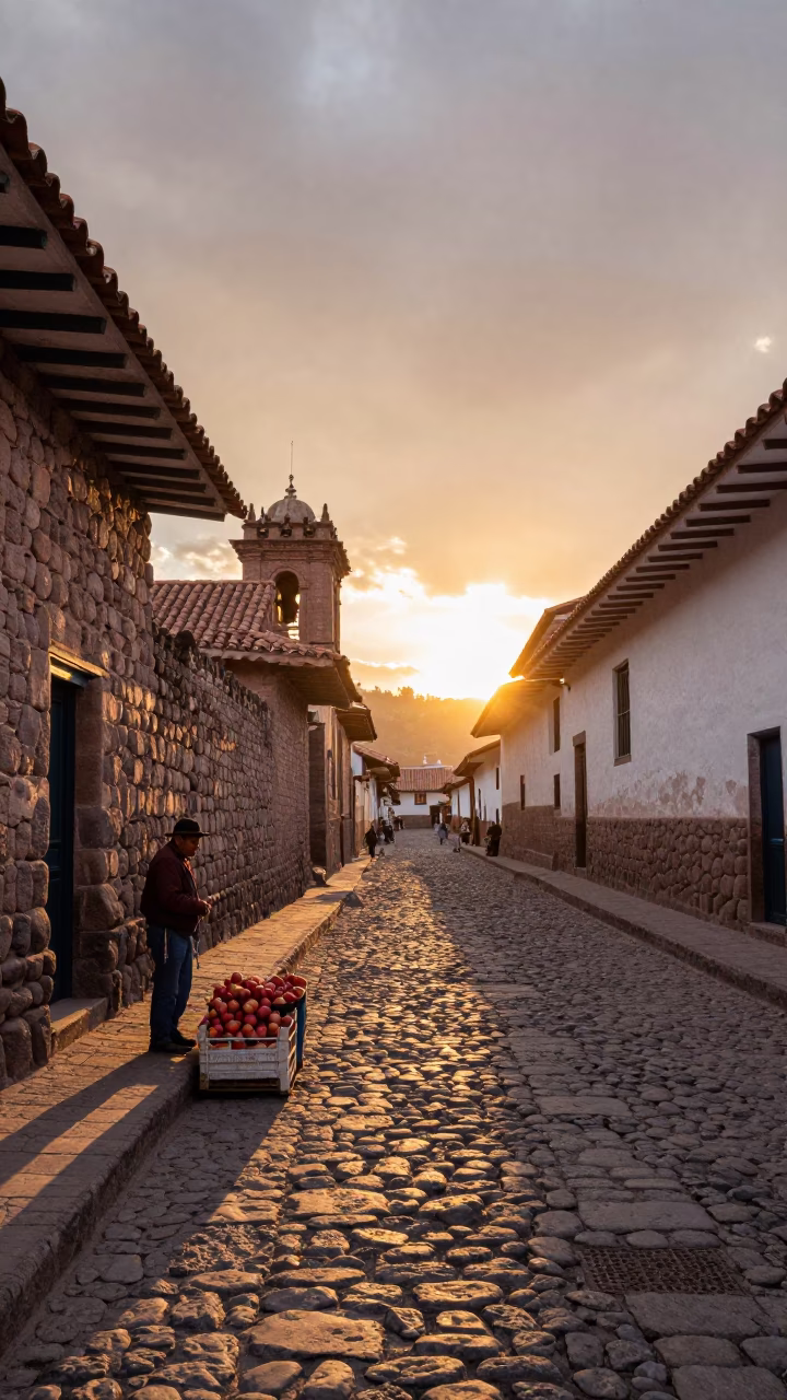 Cusco Peru Street Scene at Sunset with Stone Walls and Local Life in in Cusco, Peru