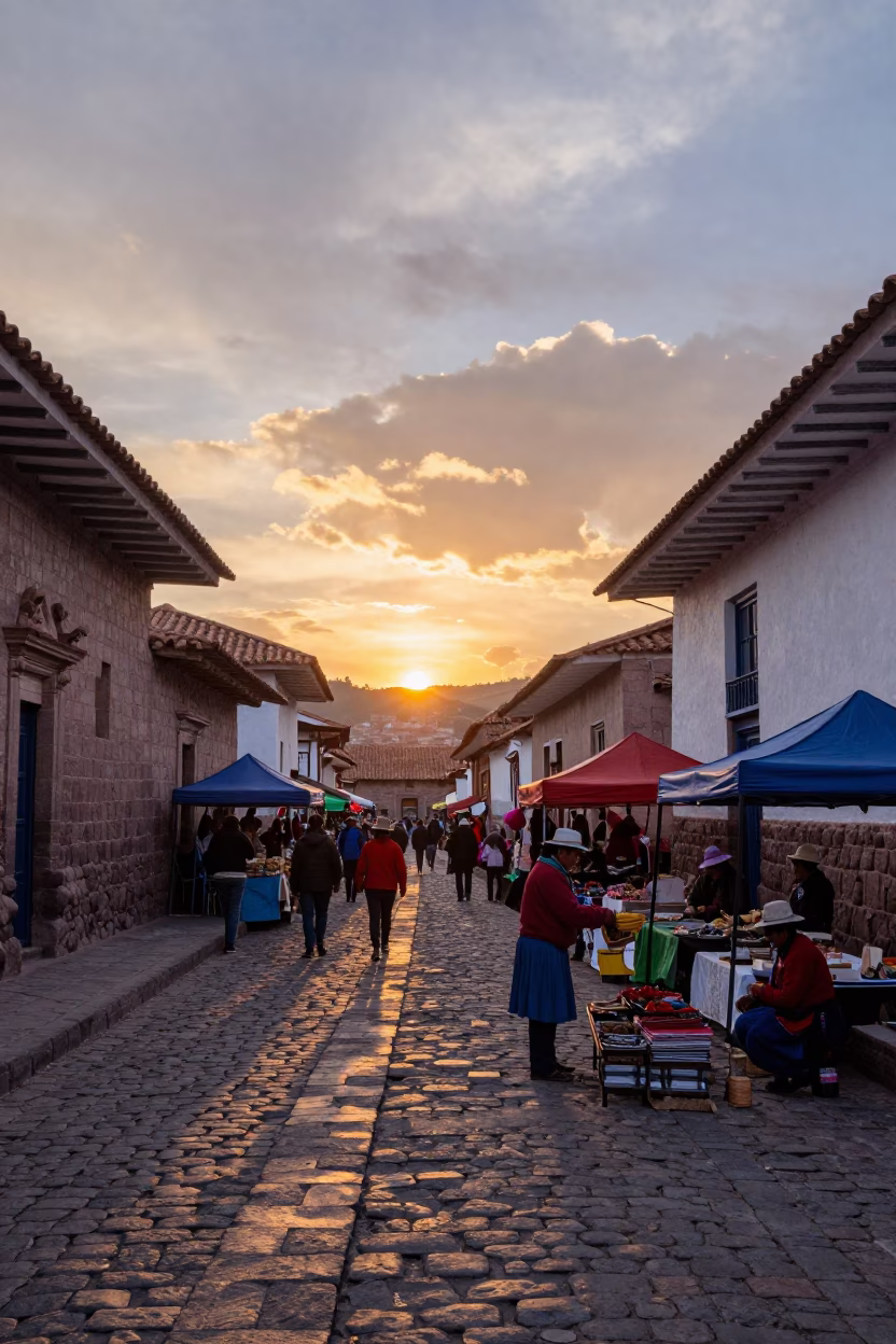 Cusco Peru Street Scene at Sunset with Traditional Andean Market Stalls in in Cusco, Peru
