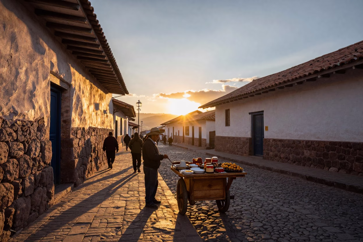Cusco Peru street scene at sunset with traditional food and locals in in Cusco, Peru