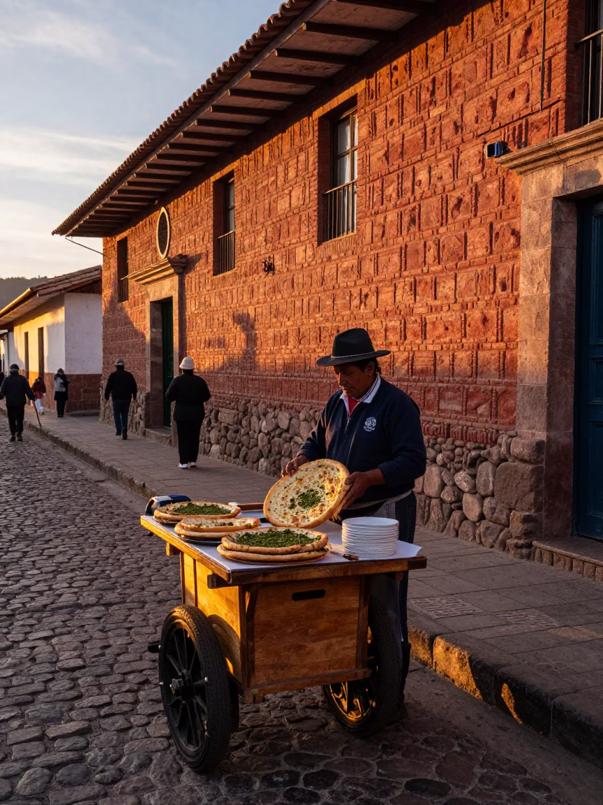 Cusco Peru Street Scene at Sunset with Traditional Manakeesh Bread and Tea Canister in in Cusco, Peru