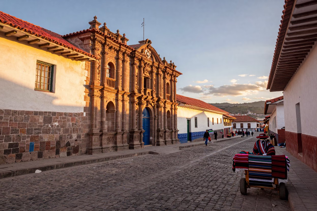 Cusco Peru Street Scene at Sunset with Traditional Textiles and Local Architecture in in Cusco, Peru