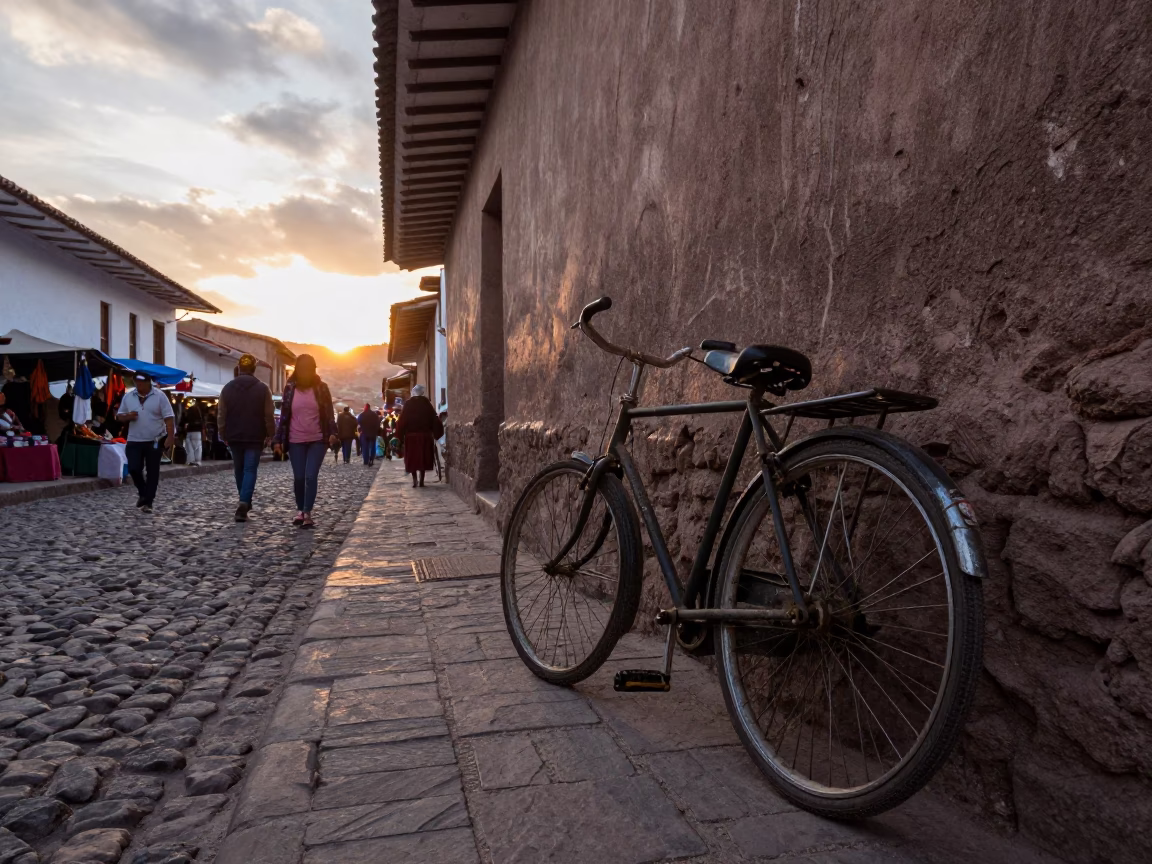 Cusco Peru Street Scene at Sunset with Vintage Bicycle and String Lights in in Cusco, Peru