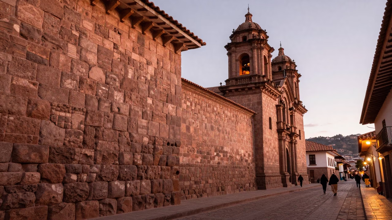 Cusco Peru Street Scene Before Dusk with Stone Architecture and Local Vendor in in Cusco, Peru
