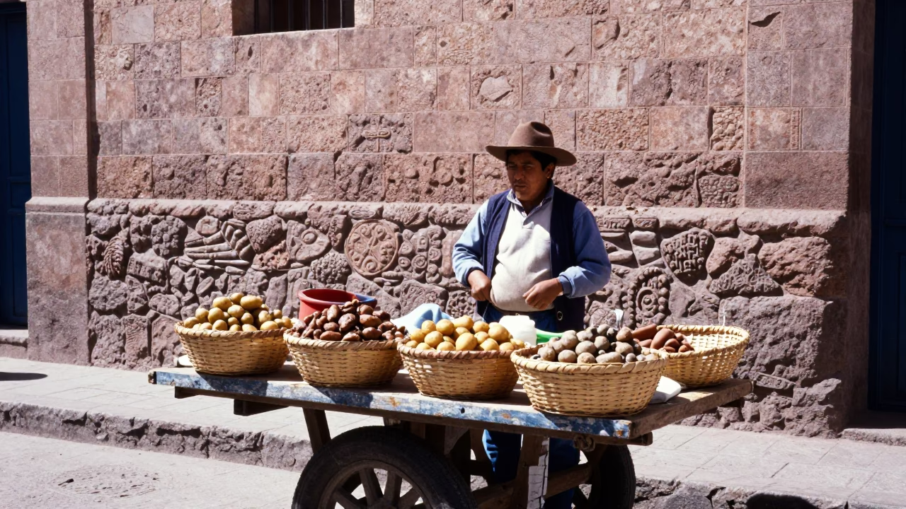 Cusco Peru Street Scene Bright Midmorning Light Stone Walls and Local Vendor in in Cusco, Peru