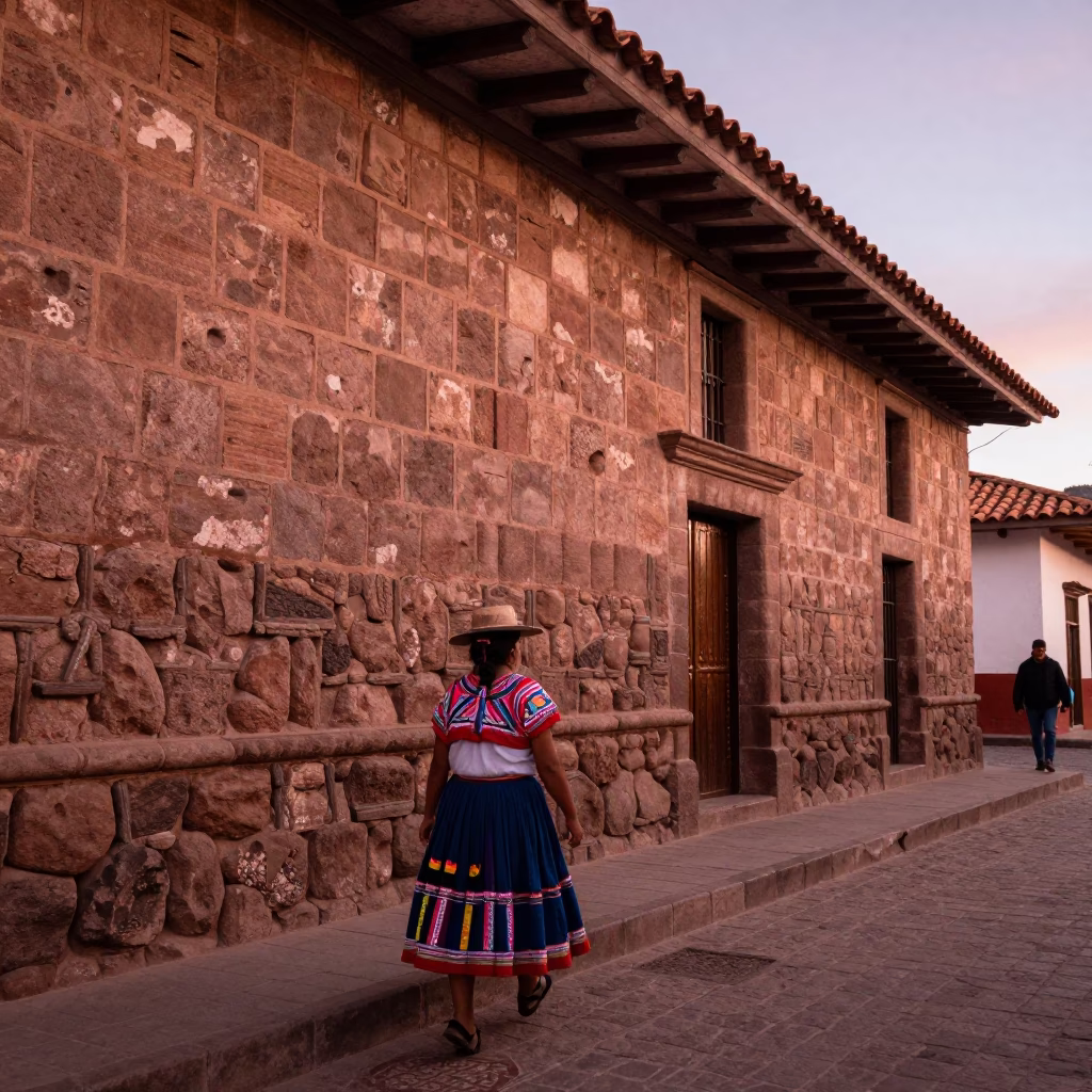 Cusco Peru Street Scene Copper Dusk Light Colonial Architecture and Local Life in in Cusco, Peru