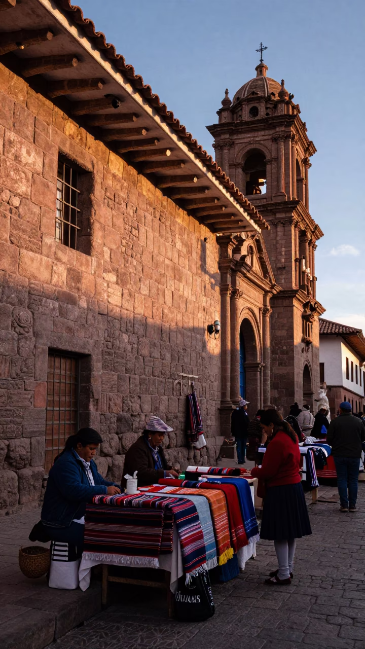 Cusco Peru Street Scene Dawn Market Vendors and Stone Architecture in in Cusco, Peru