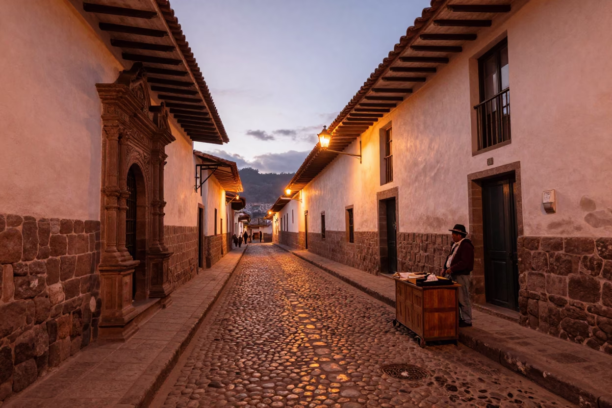 Cusco Peru Street Scene in Copper Dusk Light with Stone Walls and Local Life in in Cusco, Peru
