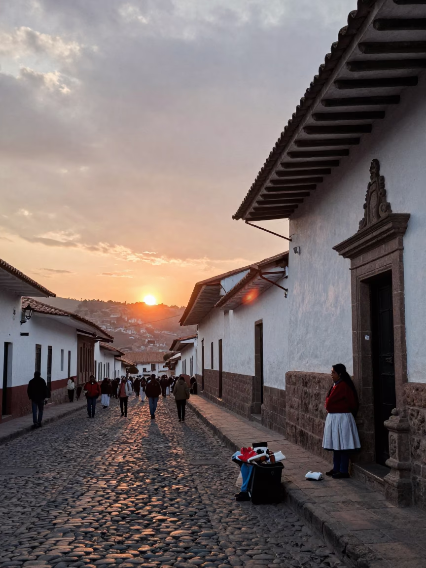 Cusco Peru Street Scene Late Afternoon with Local Vendor and Traditional Basket in in Cusco, Peru