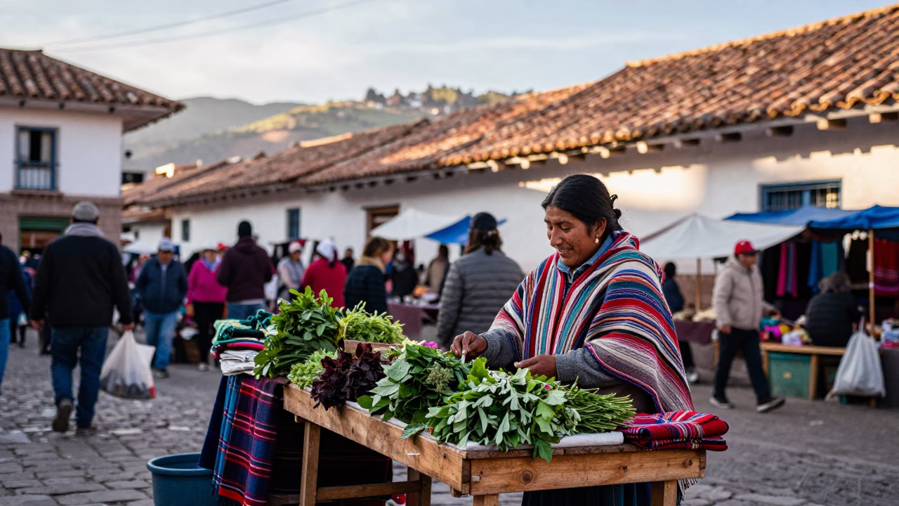Cusco Peru Street Scene Morning Market Vendor with Traditional Textiles and Local Produce in in Cusco, Peru