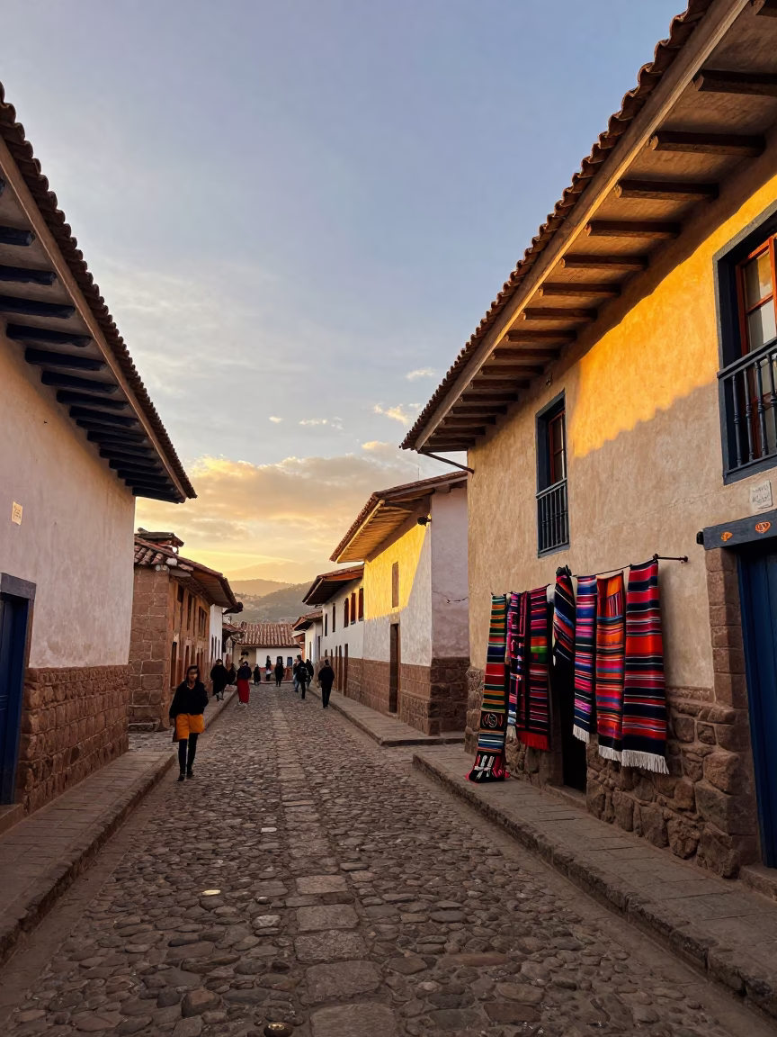 Cusco Peru street scene with adobe buildings and colorful textiles at golden hour in in Cusco, Peru