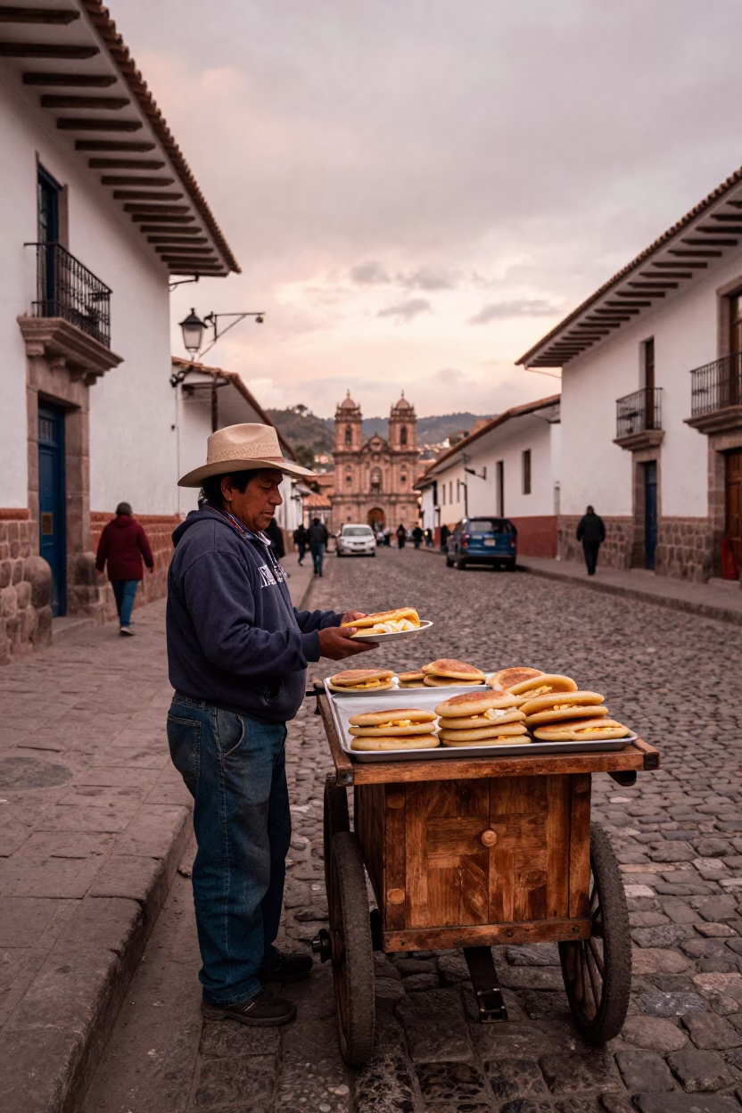 Cusco Peru Street Scene with Arepas and Cobblestone Architecture in Copper Dusk Light in in Cusco, Peru