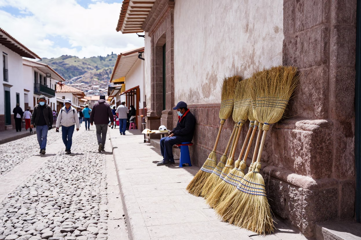 Cusco Peru Street Scene with Brooms and Traditional Architecture in in Cusco, Peru