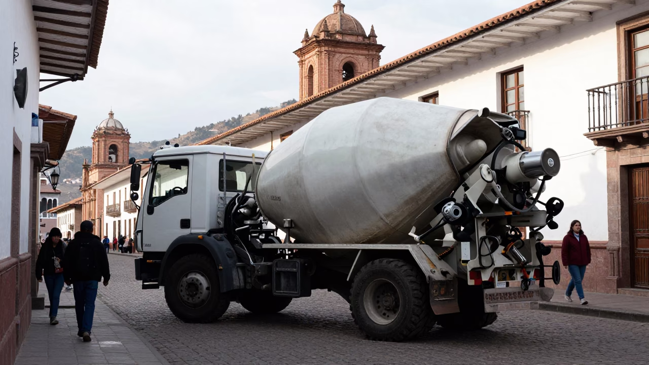 Cusco Peru Street Scene with Cement Mixer and Colonial Architecture in in Cusco, Peru